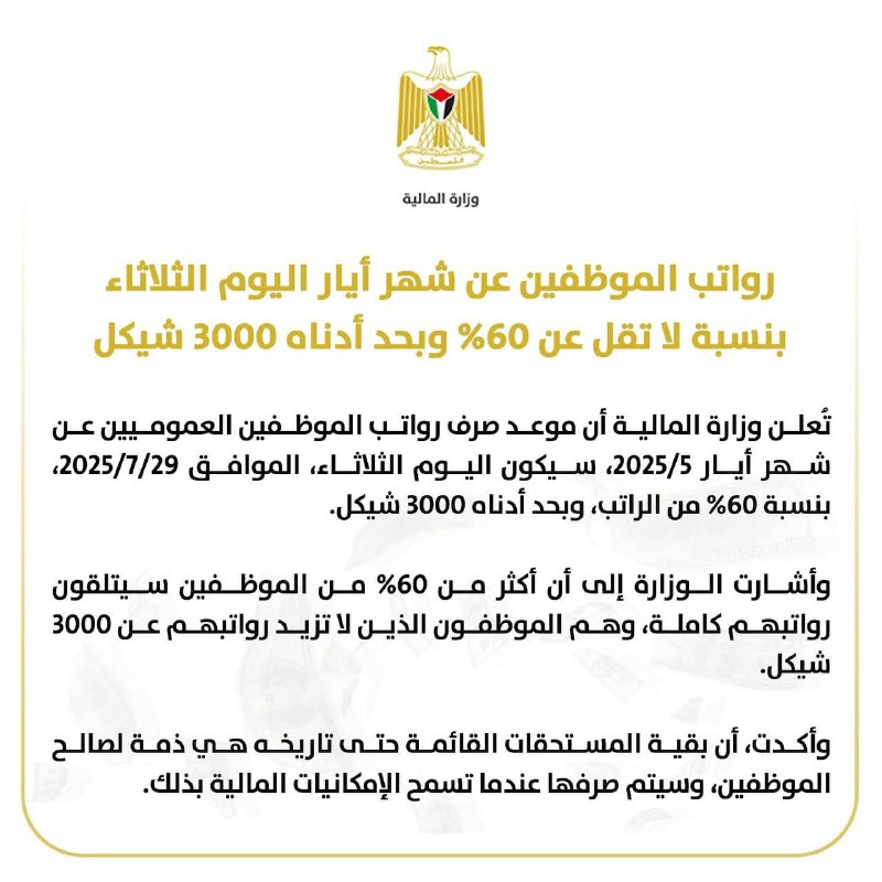 المالية : رواتب الموظفين اليوم بنسبة لا تقل عن 60% وبحد أدناه 3000 شيقل