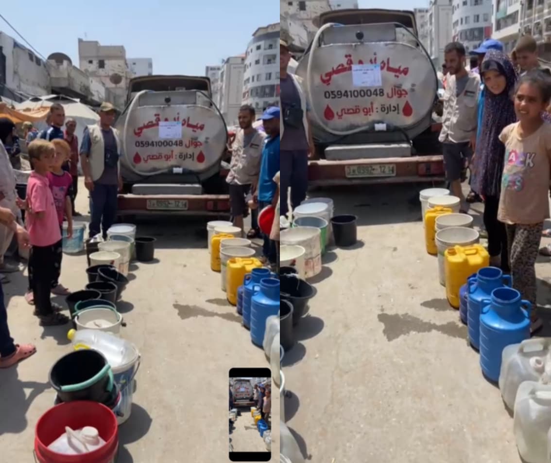 جمعية مشارق الخيرية تنفذ حملة سقيا المياه للنازحين في مدينة غزة
