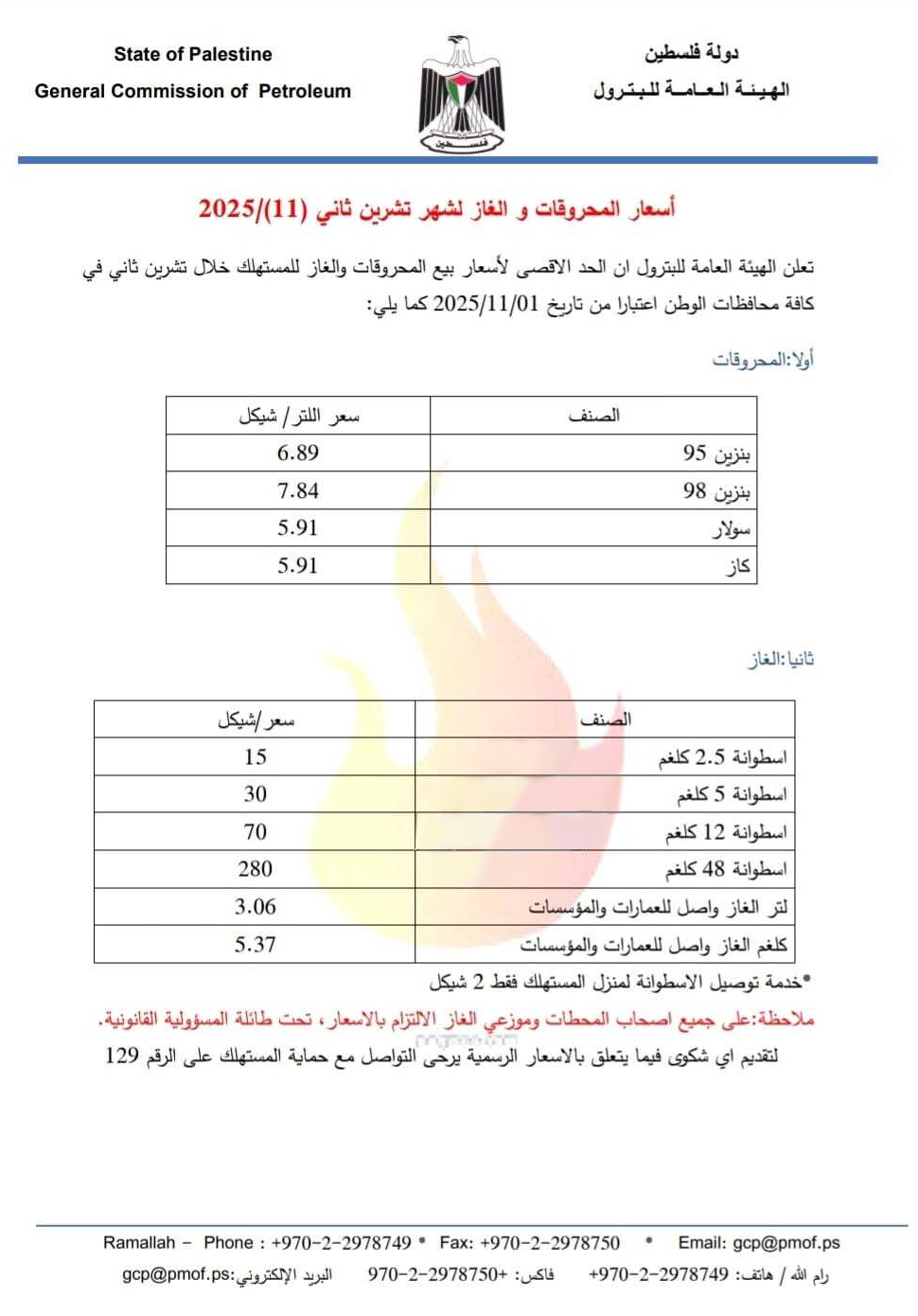 أسعار المحروقات لشهر 11