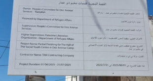 برعاية الرئيس ، دائرة شؤون اللاجئين تبدأ بتنفيذ مشروع إعادة تأهيل الطابق الأول في مركز الشباب الاجتماعي بمخيم دير عمّار