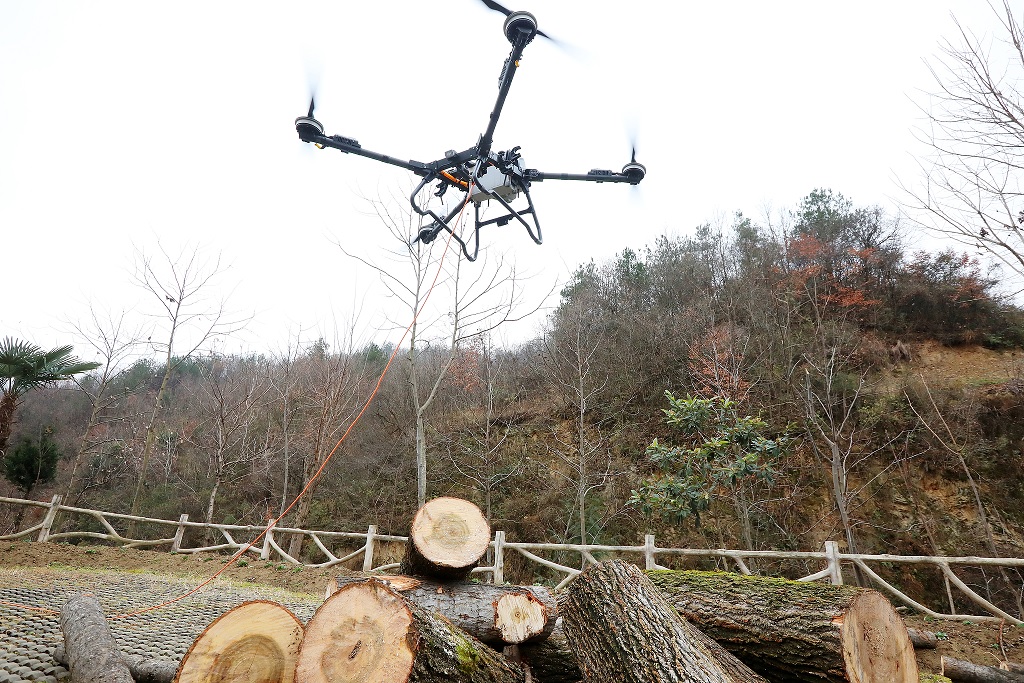 الصين : شيآن، هوبي: الطائرات المسيّرة تعمل كـ"حمالين"، مما يقلل تكاليف نقل الأخشاب في المناطق الجبلية