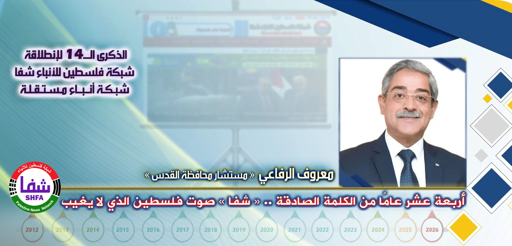 الكلمة الصادقة .. وصوت فلسطين الذي لا يغيب ، “ معروف الرفاعي ” يكتب في الذكرى الـ14 لانطلاقة “ وكالة شفا “