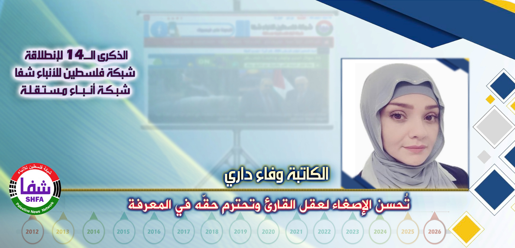 تُحسن الإصغاء لعقل القارئ وتحترم حقّه في المعرفة ، “ وفاء داري ” تكتب في الذكرى الـ14 لانطلاقة “ وكالة شفا “