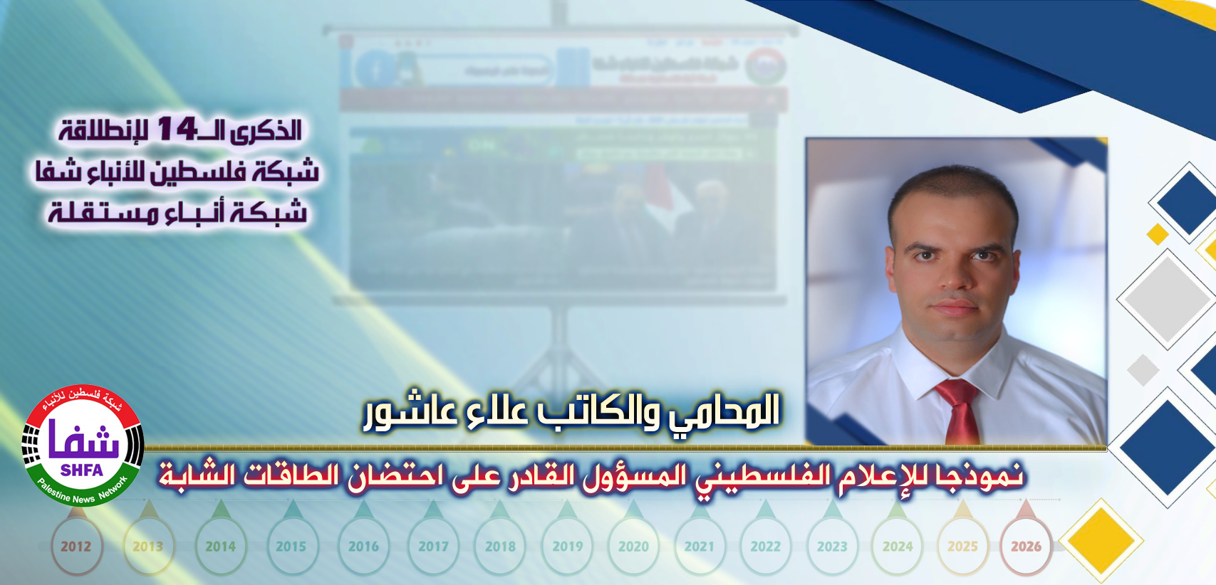 نموذجًا للإعلام الفلسطيني المسؤول القادر على احتضان الطاقات الشابة ، “ المحامي والكاتب علاء عاشور ” يكتب في الذكرى الـ14 لانطلاقة “ وكالة شفا “