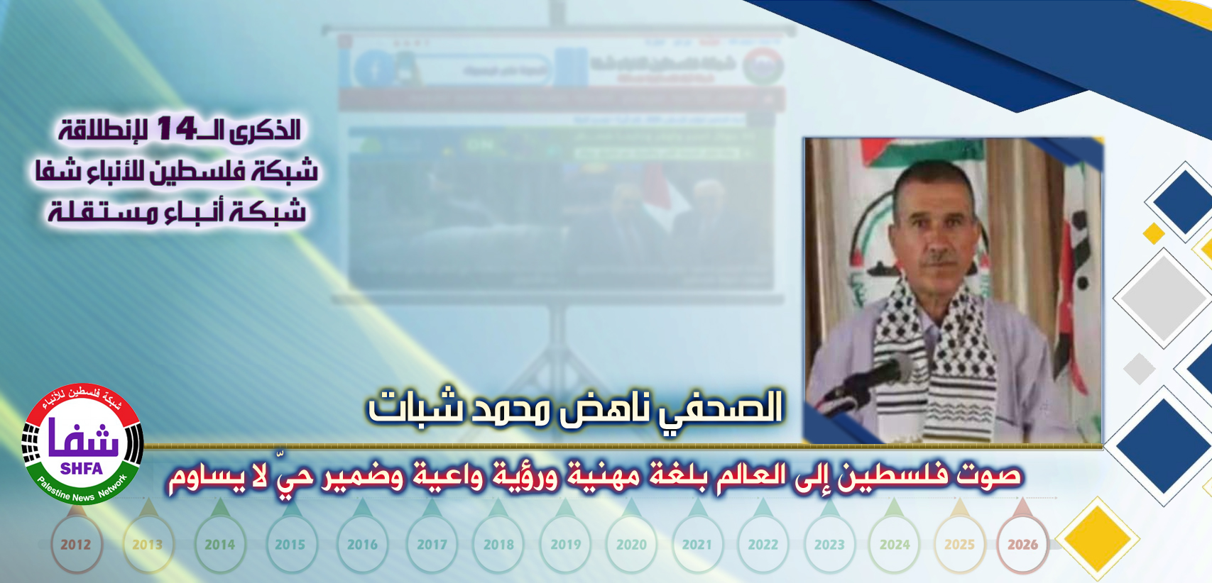 صوت فلسطين إلى العالم بلغة مهنية ورؤية واعية وضمير حيّ لا يساوم ، “ الصحفي ناهض شبات ” يكتب في الذكرى الـ14 لانطلاقة “ وكالة شفا “