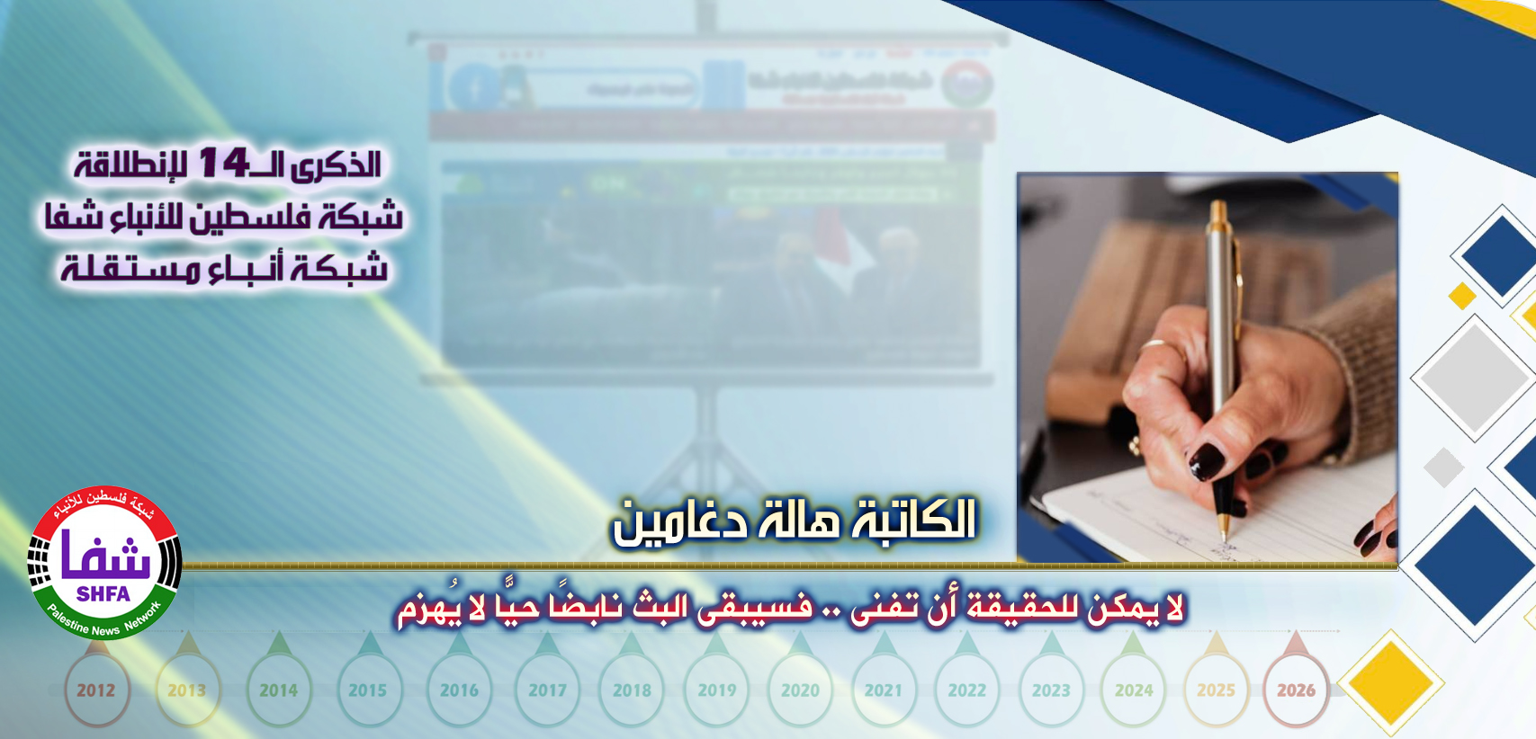 لا يمكن للحقيقة أن تفنى .. فسيبقى البث نابضًا حيًّا لا يُهزم ، “ الكاتبة هالة دغامين ” تكتب في الذكرى الـ14 لانطلاقة “ وكالة شفا “
