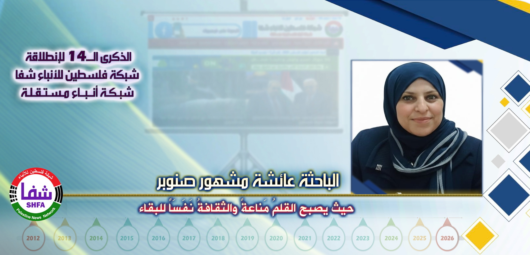 حيث يصبح القلمُ مَناعةً والثقافةُ نَفَسَاً للبقاء ، “ الباحثة عائشة مشهور صنوبر ” تكتب في الذكرى الـ14 لانطلاقة “ وكالة شفا “