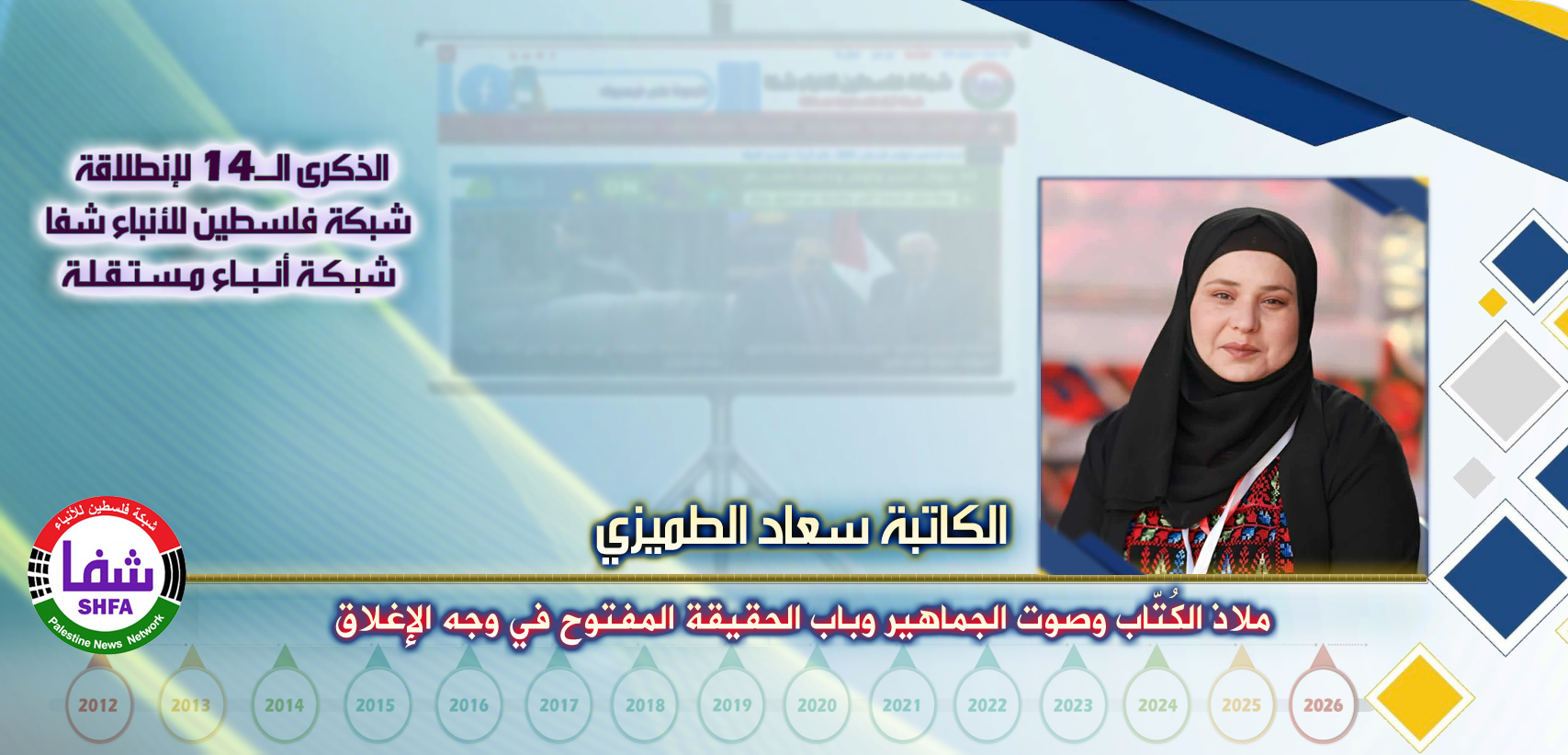 ملاذ الكُتّاب وصوت الجماهير وباب الحقيقة المفتوح في وجه الإغلاق ، “ الكاتبة والروائية سعاد الطميزي ” تكتب في الذكرى الـ14 لانطلاقة “ وكالة شفا “