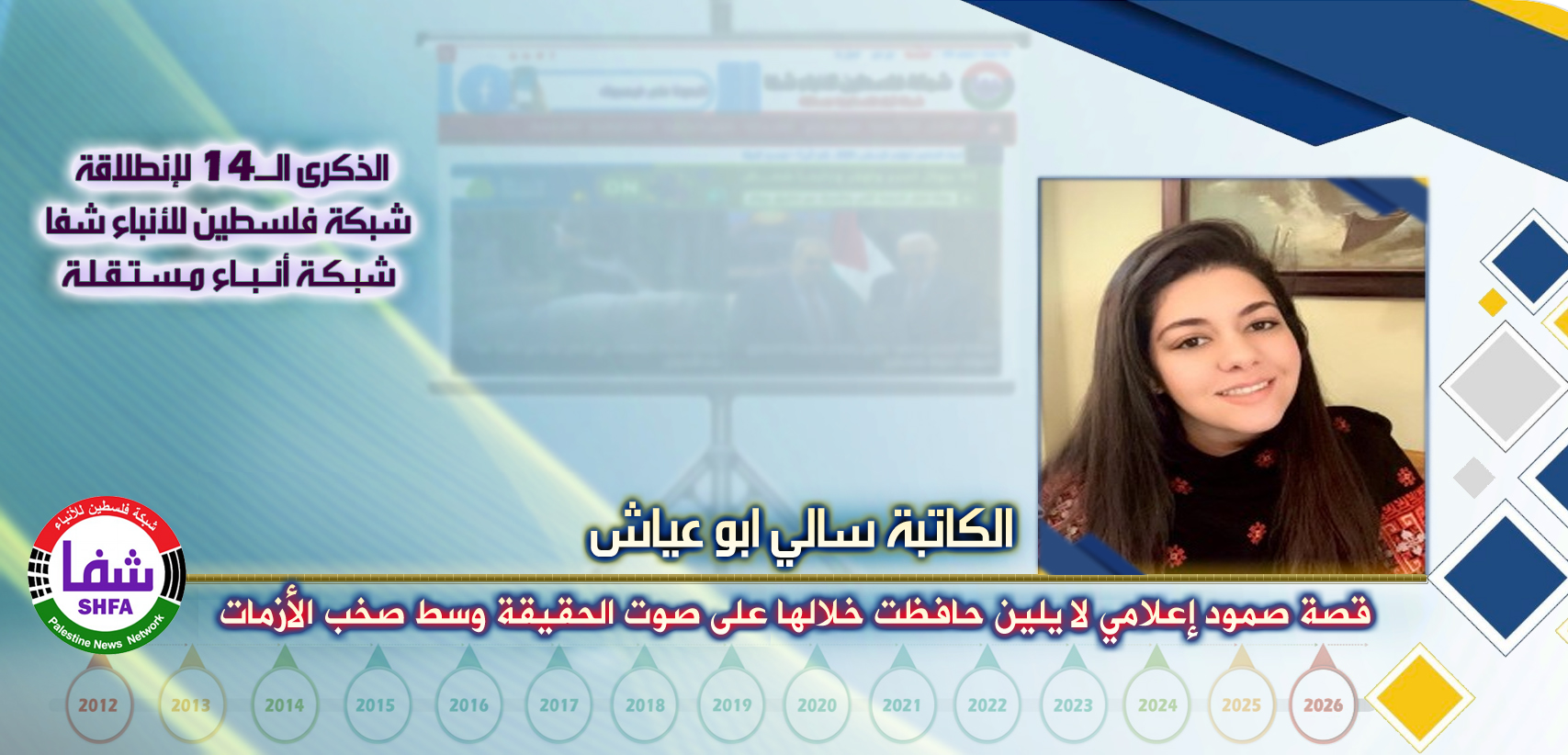 قصة صمود إعلامي لا يلين حافظت خلالها على صوت الحقيقة وسط صخب الأزمات ، “ الكاتبة سالي أبو عياش ” تكتب في الذكرى الـ14 لانطلاقة “ وكالة شفا “