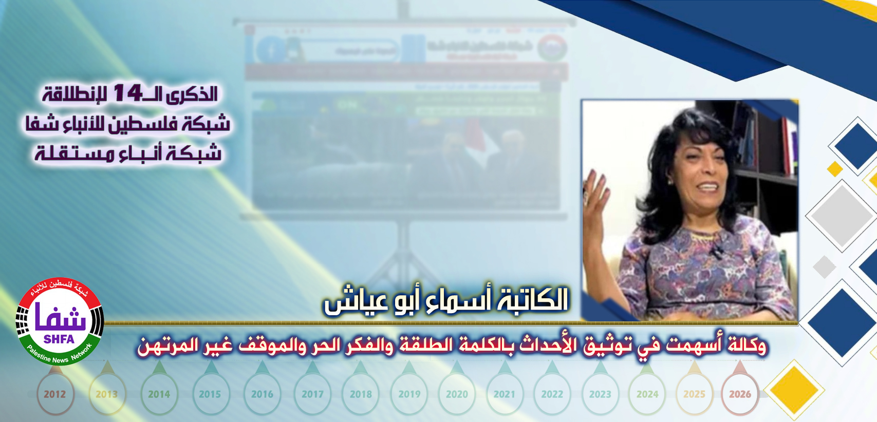 وكالة أسهمت في توثيق الأحداث بالكلمة الطلقة والفكر الحر والموقف غير المرتهن ، “ الكاتبة أسماء ناصر أبو عيّاش ” تكتب في الذكرى الـ14 لانطلاقة “ وكالة شفا “