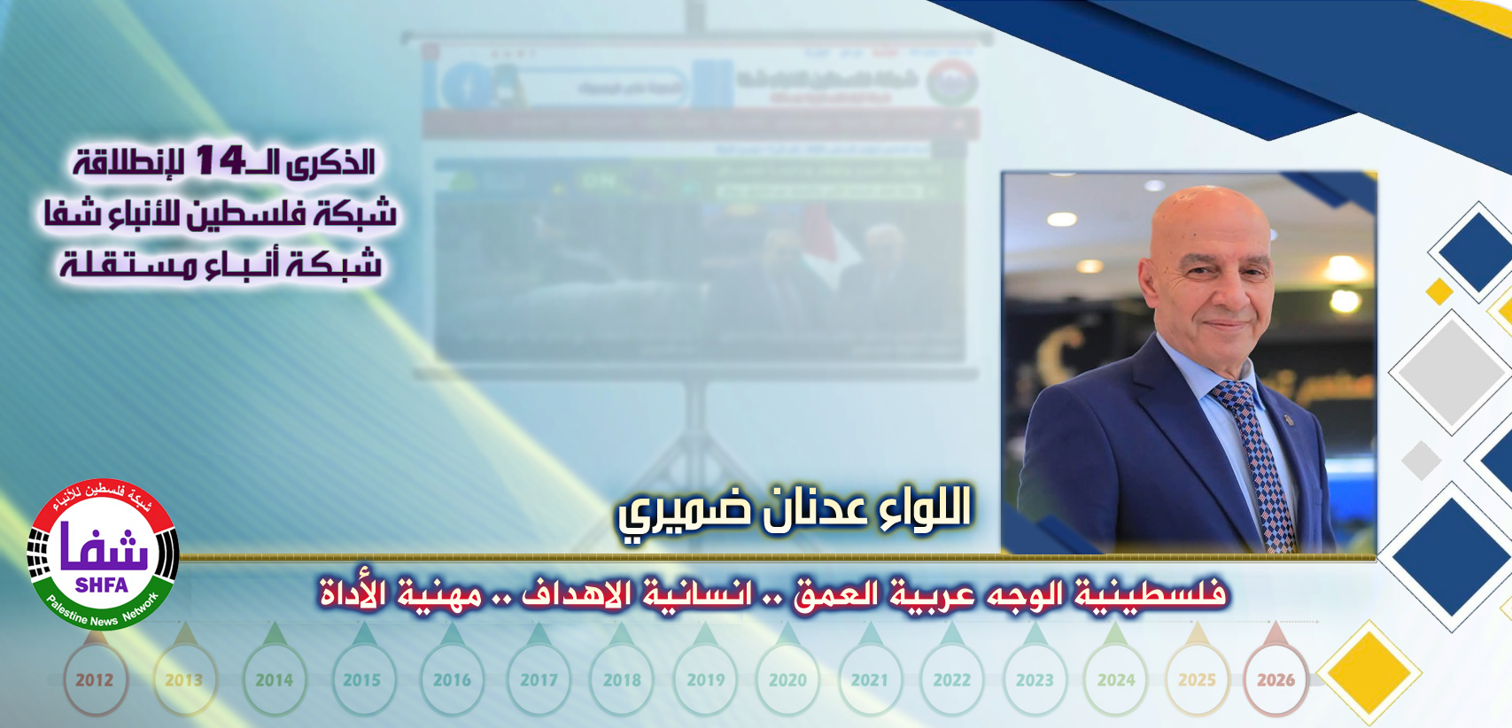 فلسطينية الوجه عربية العمق .. إنسانية الأهداف .. مهنية الأداة ، “ اللواء عدنان ضميري ” يكتب في الذكرى الـ14 لانطلاقة “ وكالة شفا “