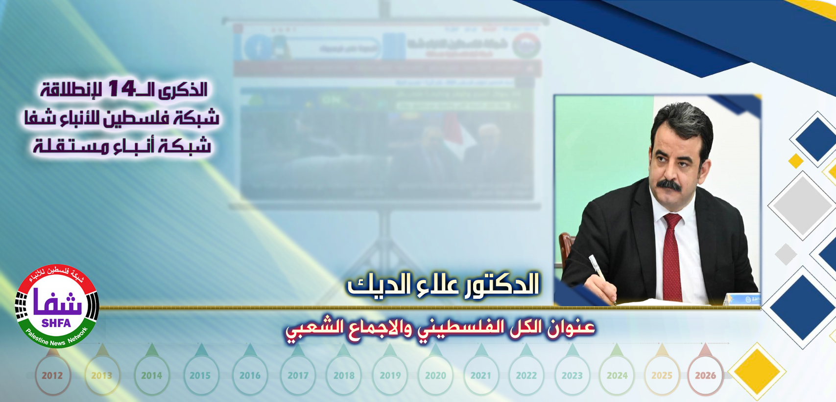 عنوان الكل الفلسطيني والاجماع الشعبي ، “ الدكتور علاء سليمان الديك ” يكتب في الذكرى الـ14 لانطلاقة “ وكالة شفا “