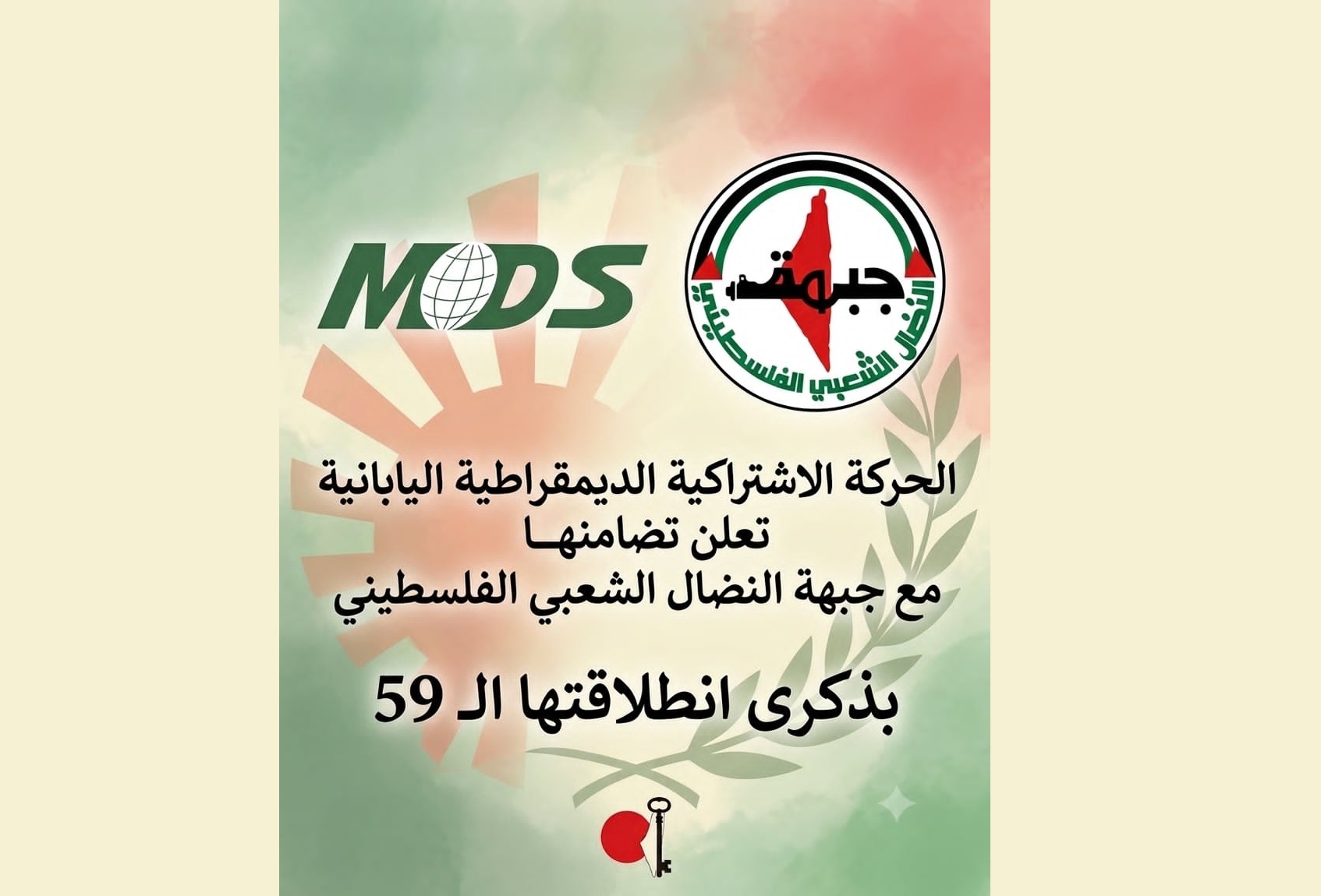 الحركة الاشتراكية الديمقراطية اليابانية تؤكد تضامنها مع جبهة النضال الشعبي الفلسطيني في الذكرى التاسعة والخمسين لتأسيسها