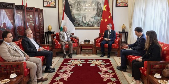 السفير الصيني لدى فلسطين يستقبل مدير عام معهد فلسطين لأبحاث الأمن القومي الدكتور حابس الشروف