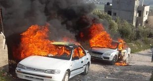 مستوطنون يحرقون أربع مركبات في عقربا جنوب نابلس