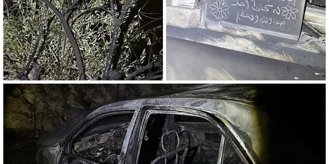 مستوطنون يحرقون مسجدا وشجرة زيتون ومركبة في مخماس شمال شرق القدس