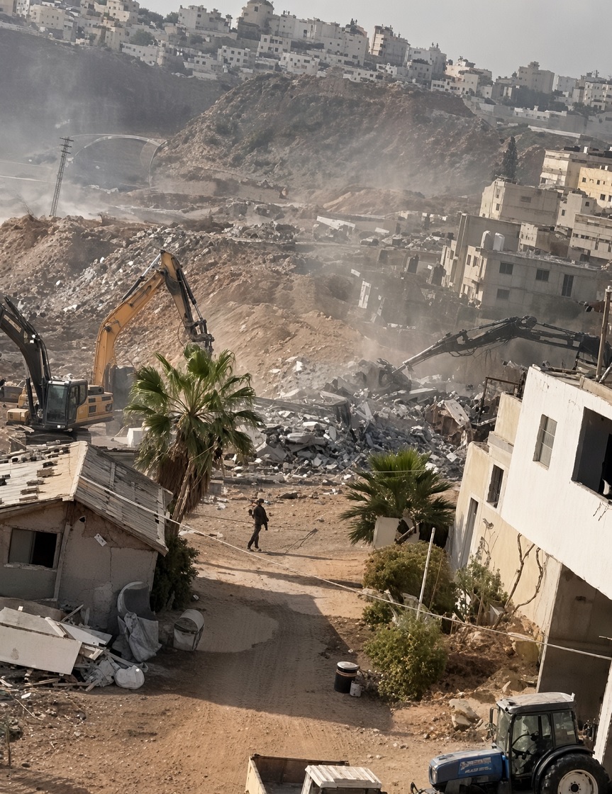 جرافات الاحتلال تهدم مباني في منطقة الكسارة المحاذية لمخيم قلنديا شمال القدس

