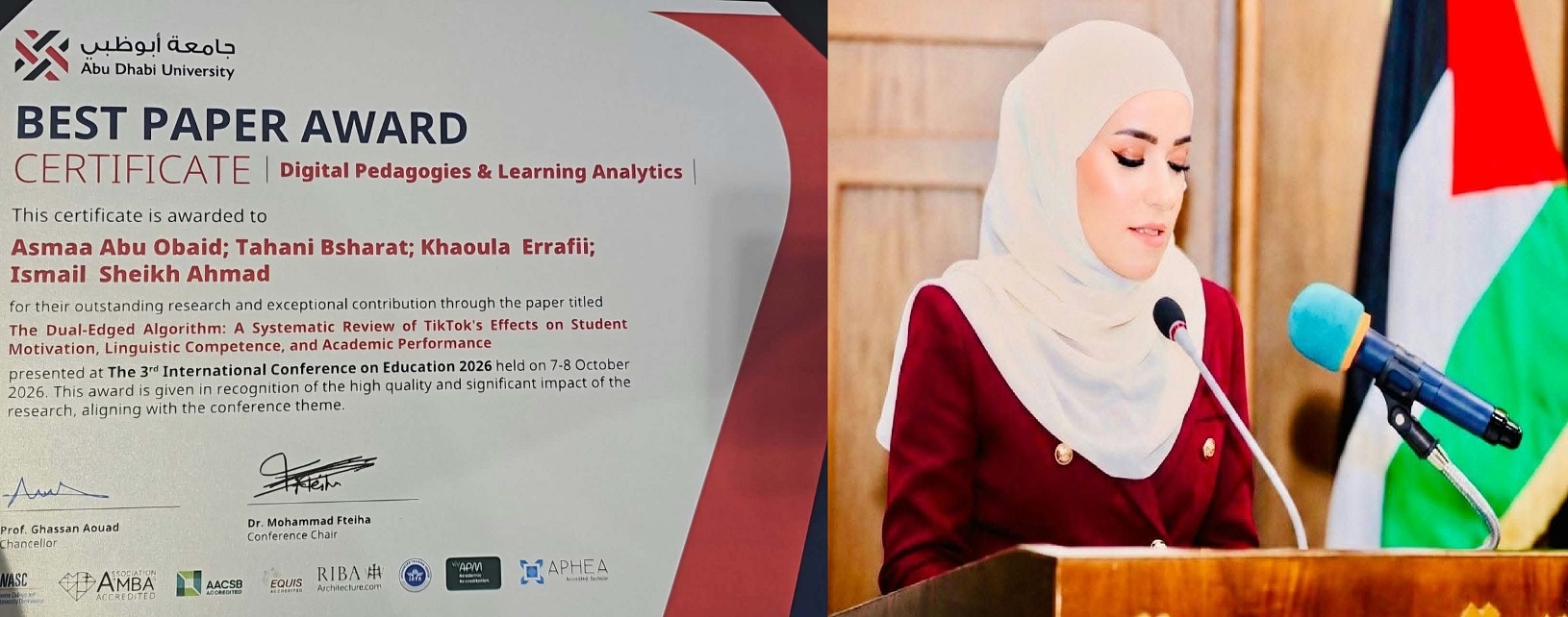 الدكتورة تهاني بشارات وفريق بحثي يفوزون بجائزة أفضل ورقة بحثية في المؤتمر الدولي الثالث للتربية 2026 بجامعة أبوظبي